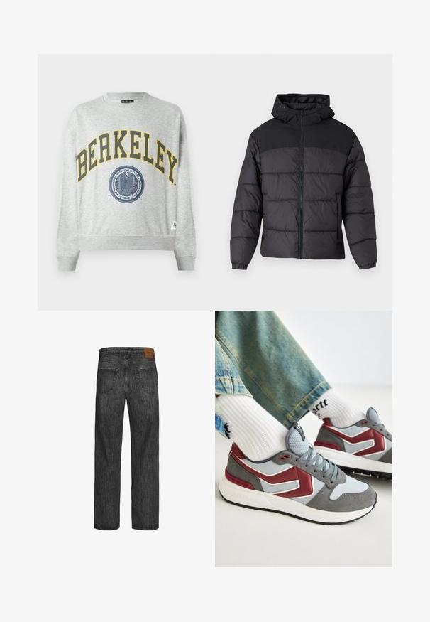 Črna puhovka s kapuco, z zadrgo spredaj, elastičnimi manšetami in kvačkanjem. Zgornji del je iz gladkega materiala.; Sivá kapuca z značkou "BERKELEY" v žltom a modrou pečaťou. Rebrované manžety a lem, so štítkom na dolnej ľavej strane.; Črne denim hlače s pravim krojem, petimi žepi in rjavim usnjenim označevalnikom na pasu. Teksturirana tkanina z detajli šivanja.; Športni čevlji z zgornjim delom iz sivega usnja in mrežice, rdečimi detajli in oblazinjenim belim podplatom. Delno so vidne rebraste bele nogavice.