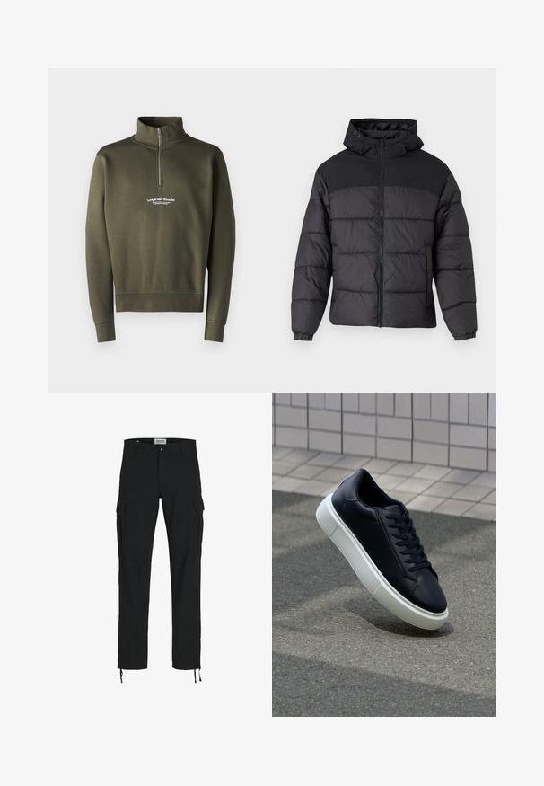 Črna puhovka s kapuco, z zadrgo spredaj, elastičnimi manšetami in kvačkanjem. Zgornji del je iz gladkega materiala.; Olivnozelena zip-up dukserica z visokim ovratnikom, ki ima bel logotip na prsih, izdelana iz mehke, strukturirane tkanine.; Črne cargo hlače s ravnim krojem, opremljene z bočnimi žepi, z gumbom za zapiranje in elastičnimi vrvicami pri gležnjih. Narejene iz trpežnega materiala.; Črne usnjene superge z zaobljenim prstom in belim gumijastim podplat. Imajo ravne vezalke in minimalno šivanje na zgornjem delu. Teksturirani podplat za oprijem.