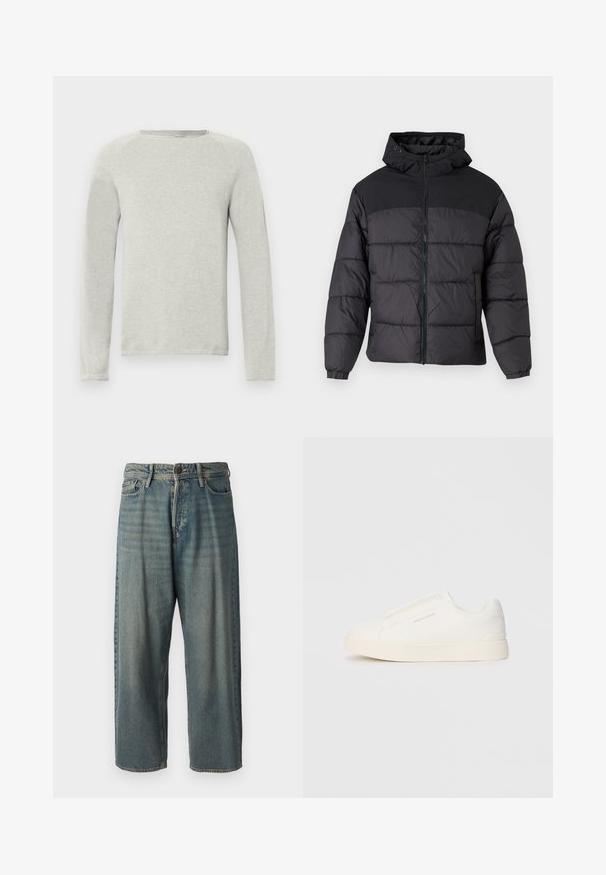 Mustas puffy jakk, millel on kapuuts, esi tõmblukk, elastsed varrukaotsad ja qm vapustav värveldisain. Ülemine osa on siledast kangast.; Heledad halli pikkade varrukatega särk ümmarguse kaelusega, tekstuurse kangaga ja raglanvarrukatega. Lihtne disain, ilma nähtavate logode või mustriteta.; Heledad sinine denim-stiilis teksad, volüümse lõike, keskmise kõrgusega talje ja sirgete säärega. Omab viit taskut, vöökumme ja nööpide sulgemist.; Valged libisemiskindlad tossud tekstuuriga pinnaga, paksu tallaga ja minimalistikus disainis. Küljel on brändi logo.