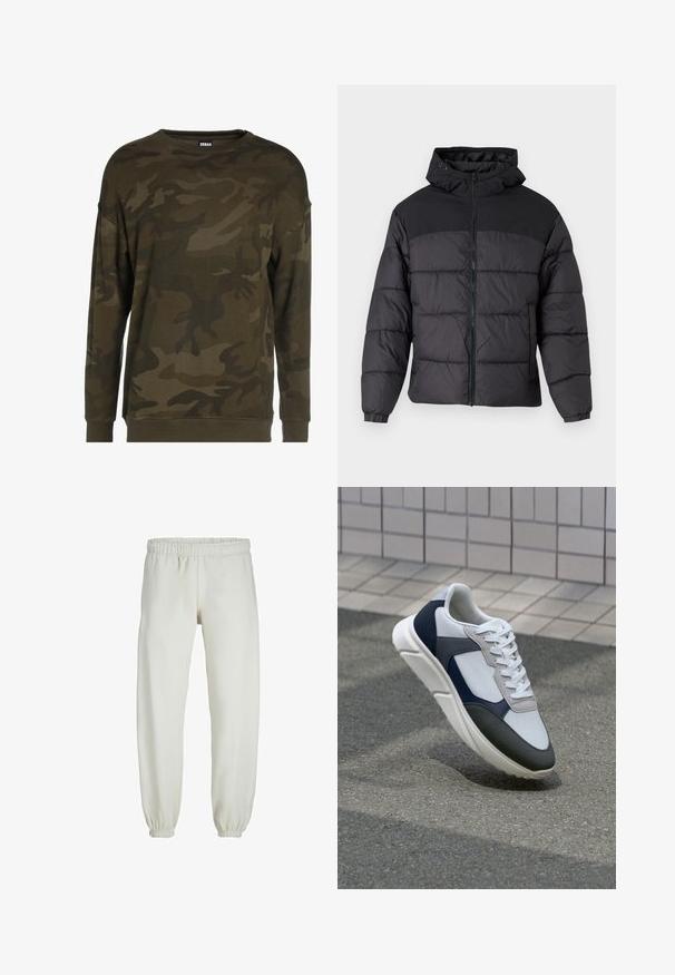 Fekete puffernadrág kapucnival, elöl cipzáros, rugalmas mandzsettákkal és steppelt dizájnnal. A felső része sima anyagból készült.; Zöld kamuflázs pulóver hosszú ujjakkal, lekerekített nyakkivágással és bordás mandzsettákkal. Puha anyagból készült, különböző zöld és barna mintákkal.; Fehér melegítőnadrág, puha anyagból készült, rugalmas derékrésszel és mandzsettával, sima tapintású és laza szabású.; Fehér, tengerészkék és szürke sneaker vegyes anyagokból készült dizájnnal, amely textúrázott felsőrésszel, lapos fűzőkkel és párnázott talppal rendelkezik.