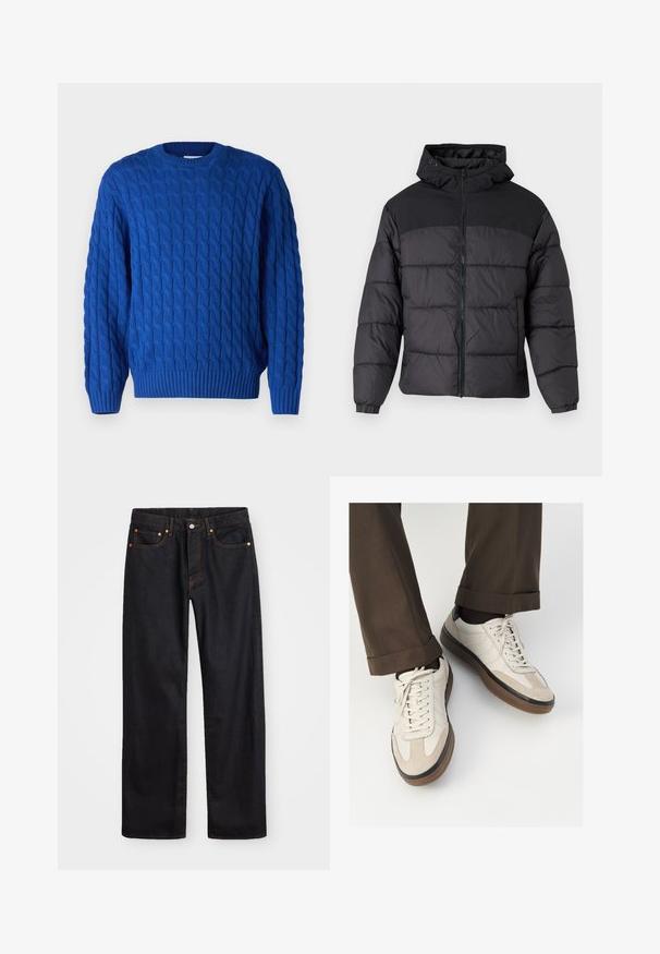 Giacca a vento nera con cappuccio, dotata di chiusura zip frontale, polsini elastici e un design trapuntato. La parte superiore è in tessuto liscio.; Maglione azzurro a trecce con scollatura rotonda, polsini e orlo a costine, e un motivo texturizzato su tutto il tessuto.; Jeans neri in denim dritto da uomo con cinque tasche e cuciture arancioni, chiusura con bottone e zip sulla vita anteriore.; Sneakers beige con una parte anteriore in suede testurizzato, lati in pelle liscia e una suola in gomma marrone. Inclusi lacci e dettagli di cucitura leggera.