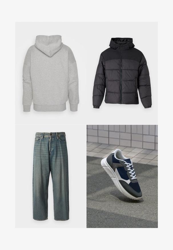 Mustas puffy jakk, millel on kapuuts, esi tõmblukk, elastsed varrukaotsad ja qm vapustav värveldisain. Ülemine osa on siledast kangast.; Hallide hall koos sobiva kapuutsiga, laiade varrukatega ja soonikkoes äärega. Pehme, tekstuuriga kangas ilma nähtavate mustrite või riistmete detailideta.; Heledad sinine denim-stiilis teksad, volüümse lõike, keskmise kõrgusega talje ja sirgete säärega. Omab viit taskut, vöökumme ja nööpide sulgemist.; Sneaker, mille sinine võrkkangas, hallid nubukdetailid, valge kummitald ja lamedad valged paelad, disainitud mugavuseks ja hingavuseks.
