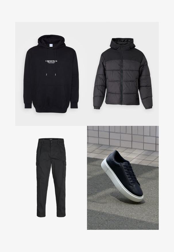 Giacca a vento nera con cappuccio, dotata di chiusura zip frontale, polsini elastici e un design trapuntato. La parte superiore è in tessuto liscio.; Felpa con cappuccio nera realizzata in tessuto morbido, dotata di una tasca frontale e di un audace testo del logo bianco sul petto. Vestibilità regolare con cordini.; Pantaloni cargo neri realizzati in un tessuto resistente, dotati di molteplici tasche, chiusura con bottone e un design aderente con gambe affusolate.; Sneaker in pelle nera con punta arrotondata e suola in gomma bianca. Presenta lacci piatti e cuciture minime sulla parte superiore. Suola testurizzata per una migliore aderenza.