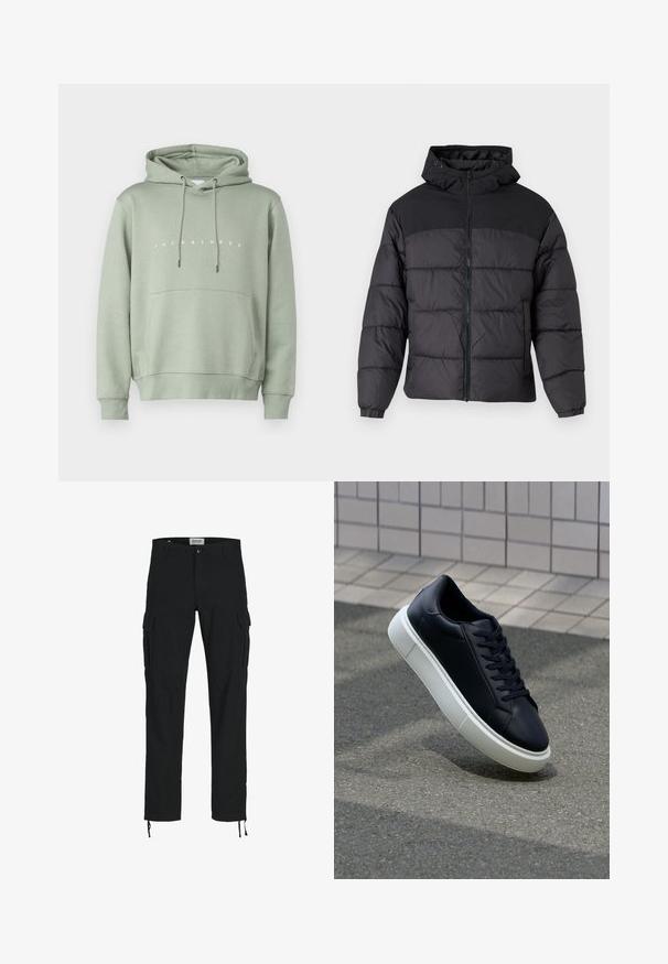 Black puffer jacket with a hood, featuring a zip front, elastic cuffs, and a quilted design. Upper section is smooth fabric.; Light green hoodie with a front pocket, adjustable drawstring hood, and white "JACK & JONES" logo across the chest. Smooth texture.; Black cargo pants with a straight cut, featuring side pockets, a button closure, and elastic drawstrings at the ankles. Made from durable fabric.; Black leather sneaker with rounded toe and white rubber sole. Features flat laces and minimal stitching on the upper. Textured sole for grip.