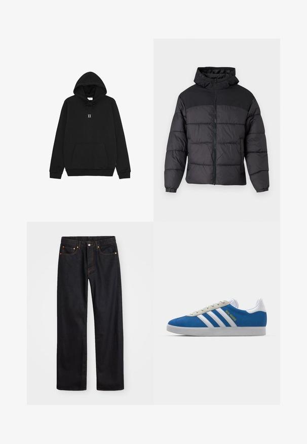 Mustas puffy jakk, millel on kapuuts, esi tõmblukk, elastsed varrukaotsad ja qm vapustav värveldisain. Ülemine osa on siledast kangast.; Musta kapuutsiga sviiter pehmest kangast, millel on stringiga kapuuts, eesmine kängurupocket ja väike "II" graafika rinnal.; Meeste sirge jala mustad denim teksad viie taskuga, oranž õmblus, nupu ja tõmblukuga ees nagu vöökoht.; adidas Originals ADIDAS GAZELLE SHOES - Saalijalgpalli saapad - real madrid/bluebird/footwear white/crew yellow