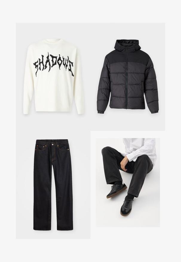 Black puffer jacket with a hood, featuring a zip front, elastic cuffs, and a quilted design. Upper section is smooth fabric.; Only & Sons ONSRANDY LIFE CREW - Jumper - cloud dancer/black; Men’s straight-leg black denim jeans with five pockets and orange stitching, button and zip closure on front waistband.; Black sneakers with a smooth and textured upper, featuring a rubber sole and dark laces. Paired with black jeans and a white striped shirt.
