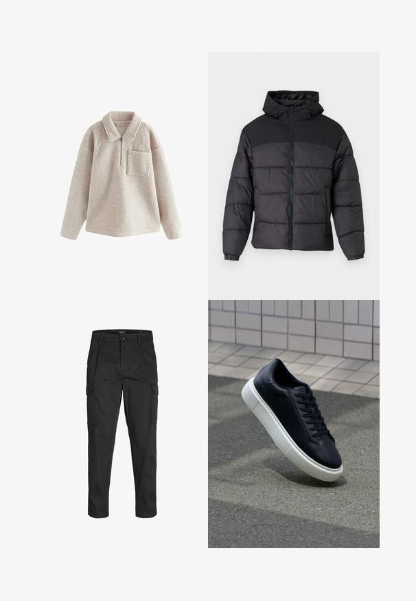 Giacca a vento nera con cappuccio, dotata di chiusura zip frontale, polsini elastici e un design trapuntato. La parte superiore è in tessuto liscio.; Pullover in pile beige con una texture accogliente, zip frontale a metà, colletto e tasca sul lato sinistro del petto. Presenta una vestibilità comoda e maniche lunghe.; Pantaloni cargo neri realizzati in un tessuto resistente, dotati di molteplici tasche, chiusura con bottone e un design aderente con gambe affusolate.; Sneaker in pelle nera con punta arrotondata e suola in gomma bianca. Presenta lacci piatti e cuciture minime sulla parte superiore. Suola testurizzata per una migliore aderenza.