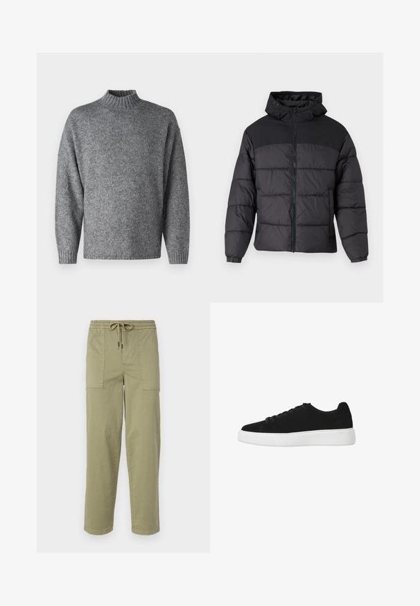 Chaqueta acolchada negra con capucha, con cierre de cremallera en la parte delantera, puños elásticos y un diseño acolchado. La parte superior es de tejido liso.; Jack & Jones PREMIUM JPRCCWALDEMAR - Jersey de punto - medium grey; Pantalones verde oliva claro hechos de una mezcla de algodón, con una cinturilla elástica y cordón, y dos grandes bolsillos laterales.; Zapatillas de ante negro con punta redonda, cordones en la parte delantera y suela de goma blanca. Diseño simple con acentos mínimos y textura suave.