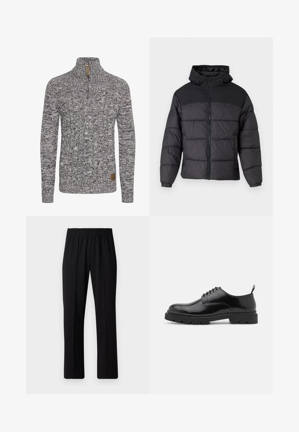 Black puffer jacket with a hood, featuring a zip front, elastic cuffs, and a quilted design. Upper section is smooth fabric.; Knitted sweater in gray and black tones with a high collar, half zipper, and textured cable pattern. Features a logo patch on the hem.; Black, elastic-waist trousers with a straight-leg design, featuring a smooth texture and no visible patterns or hardware.; Black leather lace-up shoes with a rounded toe, smooth texture, and ridged rubber sole. Features a small heel and a pull tab at the back.