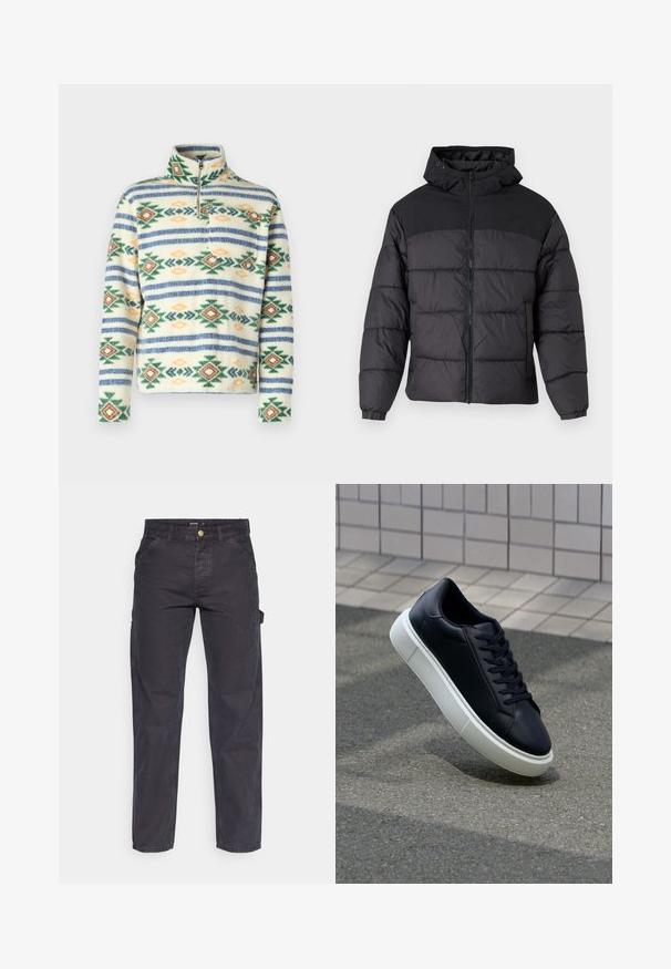 Black puffer jacket with a hood, featuring a zip front, elastic cuffs, and a quilted design. Upper section is smooth fabric.; Jack & Jones JORIBIZA HALF ZIP - Fleece jumper - bright white; Dark gray cargo pants made of durable fabric, featuring a straight-leg cut, five pockets, and a button closure at the waist.; Black leather sneaker with rounded toe and white rubber sole. Features flat laces and minimal stitching on the upper. Textured sole for grip.