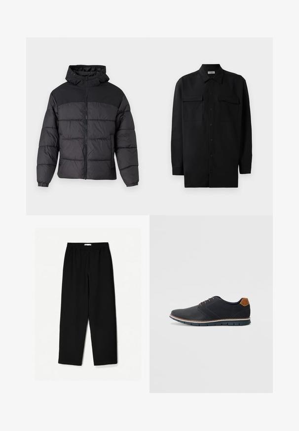 Fekete puffernadrág kapucnival, elöl cipzáros, rugalmas mandzsettákkal és steppelt dizájnnal. A felső része sima anyagból készült.; Fekete gombos ing, sima anyagból készült, klasszikus gallérral, két elülső zsebbel és hosszú ujjakkal, amelyek gombos mandzsettával záródnak.; Fekete, bő szárú nadrág könnyű anyagból. Rugalmas derékrésszel és sima felülettel rendelkezik. Nincsenek látható minták vagy hardverelemek.; Fekete szintetikus cipők, textúrált felsőrésszel, sima díszítésekkel, barna sarkával és kontrasztos talppal. Minimális fűzéssel és varrási részletekkel rendelkezik.