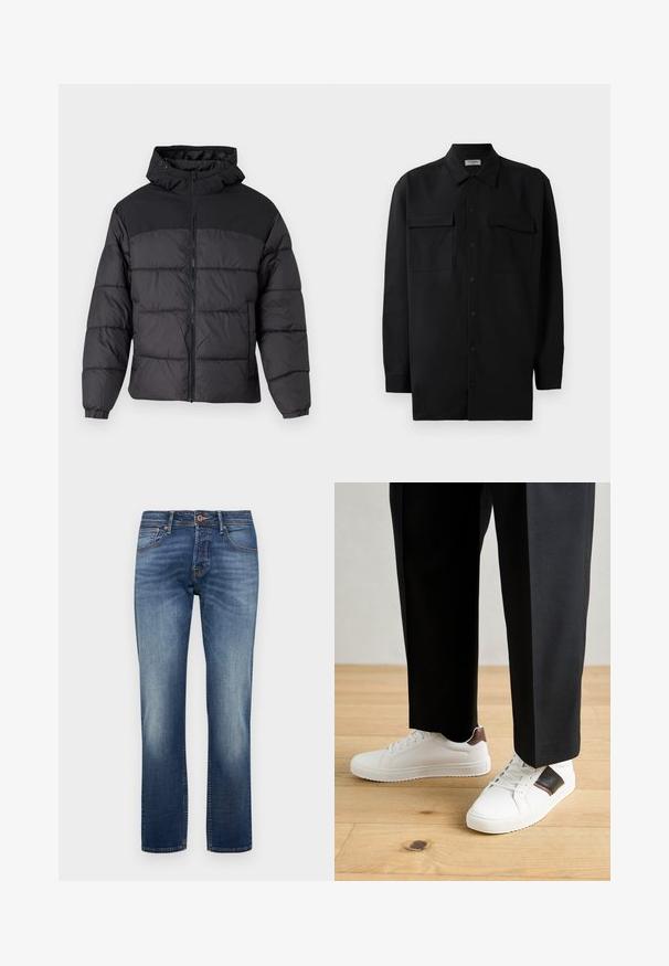 Geacă puffer neagră cu glugă, cu fermoar în față, manșoane elastice și un design matlasat. Secțiunea superioară este dintr-un material neted.; Cămașă neagră cu nasturi, confecționată dintr-un material neted, având un guler clasic, două buzunare frontale și mâneci lungi cu manșete cu nasturi.; Jeans din denim de culoare albastră medie, cu croială dreaptă. Talie medie cu estompare subtilă și cusături contrastante. Design cu cinci buzunare.; Sneakers albe cu textură netedă, având accente din piele maro și detalii negre, asociate cu pantaloni negri pe măsură. Fundal din podea din lemn.