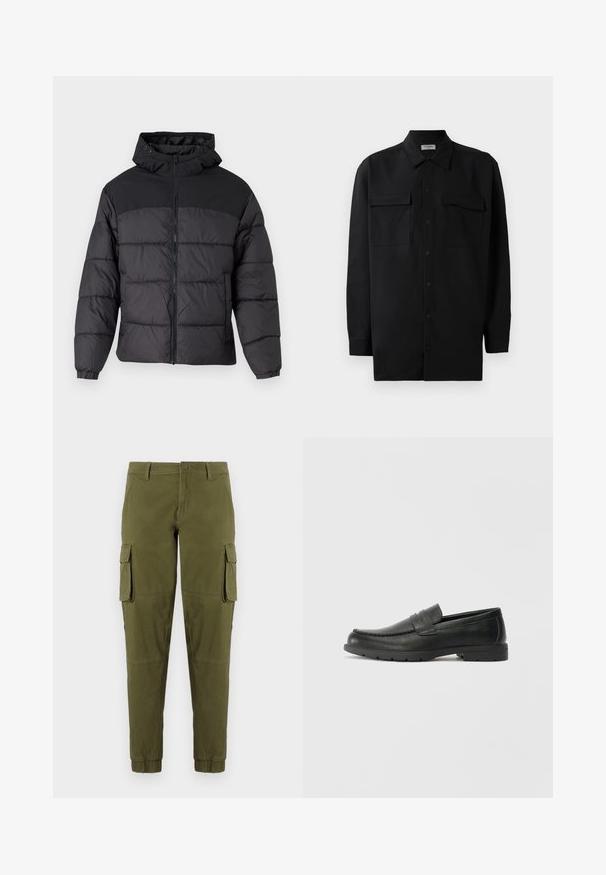 Svart puffjakke med hette, med glidelås foran, elastiske mansjetter og quiltet design. Øvre del har glatt stoff.; Svart skjorte med knapper laget av glatt stoff, med klassisk krage, to frontlommer og lange ermer med knappe mansjetter.; Olivenfargede cargo-bukser med elastiske mansjetter, som har to sideskjøte lommer, en frontknap-lukking, og glatt, lett stoff.; Svart skinnloafers med glatt finish, mokkasin-stil overdel, broderte detaljer og gummisåle. Klassisk design med lav hæl.