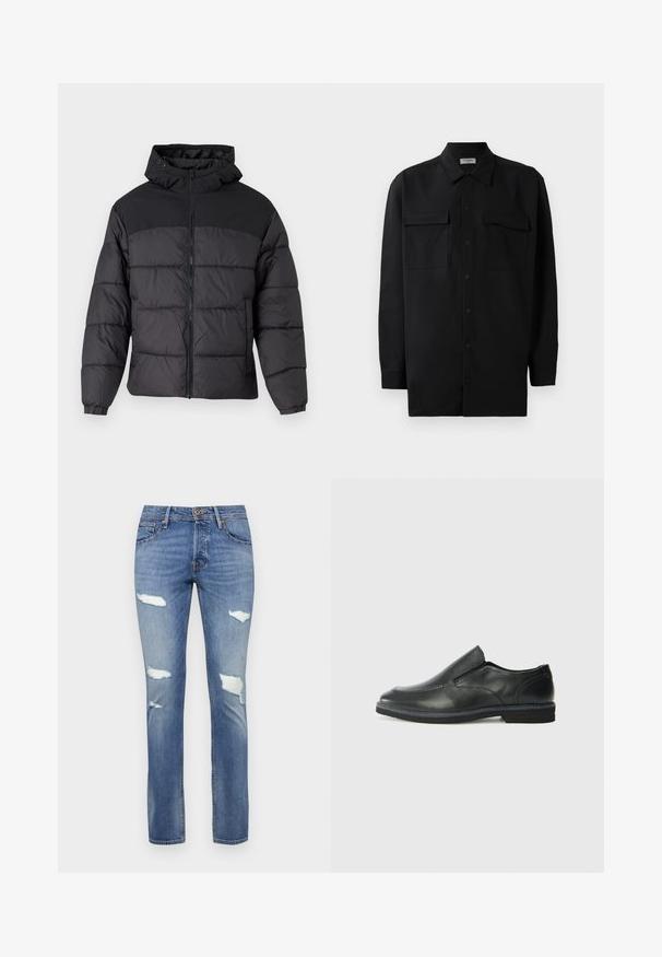 Mustas puffy jakk, millel on kapuuts, esi tõmblukk, elastsed varrukaotsad ja qm vapustav värveldisain. Ülemine osa on siledast kangast.; Mustmust värvi nööpidega särk, mis on valmistatud sujuvast kangast, klassikalise kraega, kahe eesmise tasku ja pikkade varrukatega, millel on nööpidega mansetid.; Sinine denimist teksapüksid, millel on veidi pleekinud viimistlus, mitmed kulunud lõiked ja sirge jalgade disain. Nööbiga sulgmisel vöökoht.; Must musta laia suuga king, millel on sile ülemine osa, õmmeldud detailid, ümmargune nina ja madal kummist konts. Tallal on minimaalne mustr.