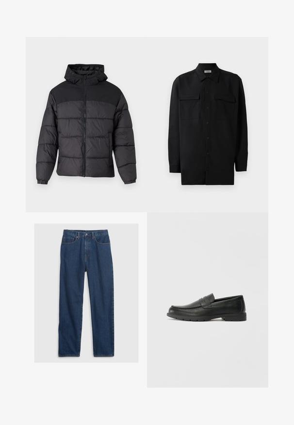 Geacă puffer neagră cu glugă, cu fermoar în față, manșoane elastice și un design matlasat. Secțiunea superioară este dintr-un material neted.; Cămașă neagră cu nasturi, confecționată dintr-un material neted, având un guler clasic, două buzunare frontale și mâneci lungi cu manșete cu nasturi.; Jeans din denim de culoare albastră închisă, cu croială dreaptă, având un design cu cinci buzunare, nasture superior și accente de cupru.; Labeled cu oglindă din piele neagră cu un finisaj neted, partea superioară în stil mocasin, detalii cusute și o talpă din cauciuc. Design clasic cu un toc jos.