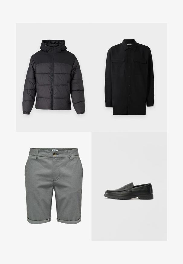 Schwarze Pufferjacke mit Kapuze, ausgestattet mit einem Reißverschluss, elastischen Bündchen und einem gesteppten Design. Der obere Teil besteht aus glattem Gewebe.; Schwarzes Hemd mit Knopfleiste aus glattem Stoff, das einen klassischen Kragen, zwei Brusttaschen und lange Ärmel mit Knopfmanschetten aufweist.; Graue Shorts aus strukturiertem Stoff, mit Knopfverschluss, Seitentaschen und aufgekrempelten Säumen für einen eleganten Look.; Schwarze Lederloafers mit glatter Oberfläche, Mokassin-oberteil, genähten Details und Gummisohle. Klassisches Design mit niedrigem Absatz.