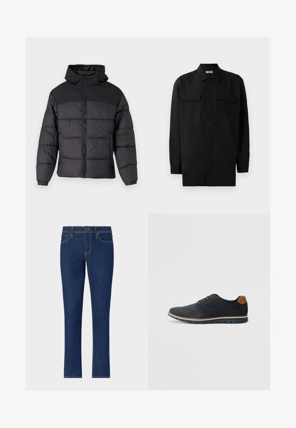 Fekete puffernadrág kapucnival, elöl cipzáros, rugalmas mandzsettákkal és steppelt dizájnnal. A felső része sima anyagból készült.; Fekete gombos ing, sima anyagból készült, klasszikus gallérral, két elülső zsebbel és hosszú ujjakkal, amelyek gombos mandzsettával záródnak.; Sötétkék farmernadrág egyenes szárú fazonban, diszkrét varrásokkal, öt zsebbel és gombos derékrésszel.; Fekete szintetikus cipők, textúrált felsőrésszel, sima díszítésekkel, barna sarkával és kontrasztos talppal. Minimális fűzéssel és varrási részletekkel rendelkezik.