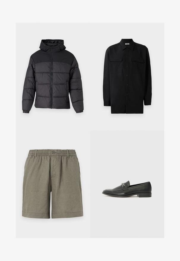 Chaqueta acolchada negra con capucha, con cierre de cremallera en la parte delantera, puños elásticos y un diseño acolchado. La parte superior es de tejido liso.; Camisa negra de botones, fabricada en tejido suave, con un cuello clásico, dos bolsillos delanteros y mangas largas con puños de botón.; Pantalones cortos color caqui en tejido ligero con cintura elástica y cierre de botón. Presenta un diseño de pierna recta y dobladillo arremangado.; Mocasín de cuero negro con un acabado suave, que cuenta con un diseño de costura y un acento decorativo de cadena de metal en el empeine. Tacón plano.