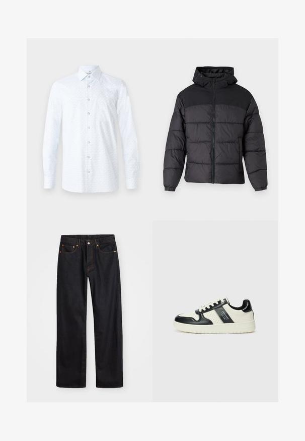 Black puffer jacket with a hood, featuring a zip front, elastic cuffs, and a quilted design. Upper section is smooth fabric.; White long-sleeve shirt featuring a subtle light blue pattern, classic collar, button-down front, and smooth fabric texture.; Men’s straight-leg black denim jeans with five pockets and orange stitching, button and zip closure on front waistband.; Leather sneakers with a black and cream color scheme, featuring perforated accents, a padded collar, and a textured outsole.