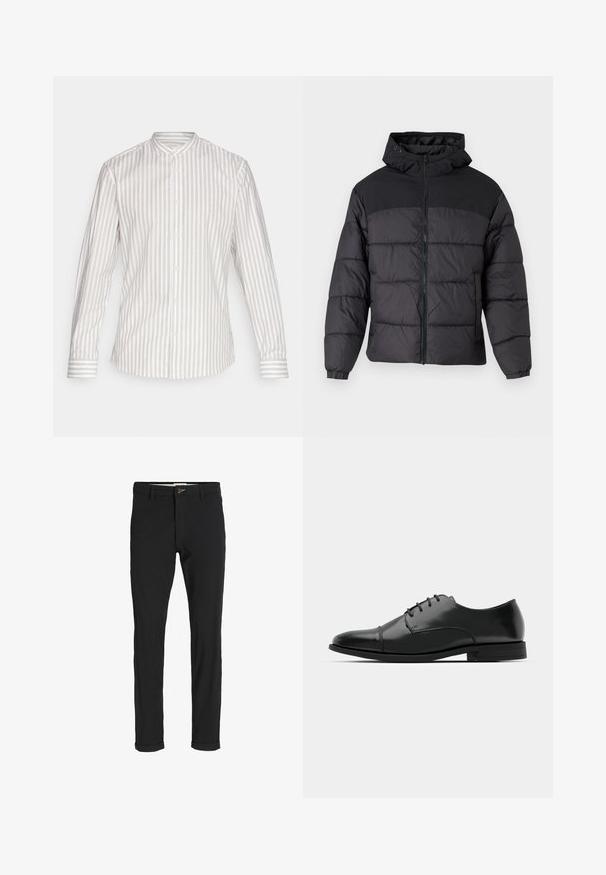 Svart puffjakke med hette, med glidelås foran, elastiske mansjetter og quiltet design. Øvre del har glatt stoff.; Langermet skjorte i et lys beige og hvitt vertikalt stripemønster. Har stå-høyde krage og knapplukking med matchende mansjetter.; Svart bomullsblandingsbukser med smal passform, med knappelukking, lommer og rullede mansjetter for en avslappet finish.; Svart skinn dressko med avrundet tå, snøring, subtile sømdetaljer og lav hæl. Glatt tekstur med polert finish.