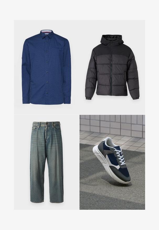 Mustas puffy jakk, millel on kapuuts, esi tõmblukk, elastsed varrukaotsad ja qm vapustav värveldisain. Ülemine osa on siledast kangast.; Tumedat sinine särk valgete täppidega, pika varrukaga, nupuga ees, ühe rinna taskuga ja kontrastse sisekrae detailiga.; Heledad sinine denim-stiilis teksad, volüümse lõike, keskmise kõrgusega talje ja sirgete säärega. Omab viit taskut, vöökumme ja nööpide sulgemist.; Sneaker, mille sinine võrkkangas, hallid nubukdetailid, valge kummitald ja lamedad valged paelad, disainitud mugavuseks ja hingavuseks.