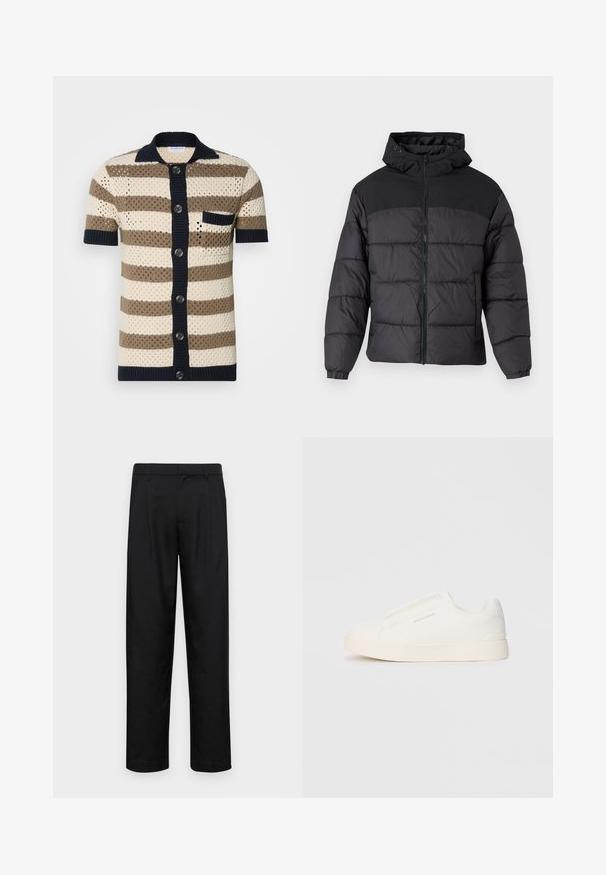 Svart puffjakke med hette, med glidelås foran, elastiske mansjetter og quiltet design. Øvre del har glatt stoff.; Kortermet, knappet strikkegenser i krem, brun og marineblå striper. Har en teksturert veving og en enkelt brystlomme.; Sorte bukser laget av glatt stoff, med rette ben, to frontfoldninger og standard liv med beltehemper.; Hvite slip-on joggesko med teksturert overflate, tykk såle og minimalistisk design. Har merkevarelogo på siden.