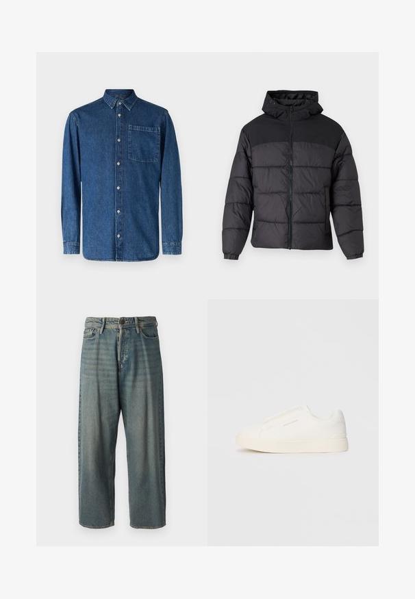 Črna puhovka s kapuco, z zadrgo spredaj, elastičnimi manšetami in kvačkanjem. Zgornji del je iz gladkega materiala.; Jeans srajca z dolgimi rokavi v temno modri barvi, z gumbi na sprednji strani, klasičnim ovratnikom, enim žepom na prsih in gumbi na manšetah.; Svetlomoderne kavbojke z ohlapnim krojem, srednjim pasom in ravnimi nogami. Imajo pet žepov, zanke za pas in zapiranje na gumb.; Bele zapete brez vezalk z teksturirano površino, debelim podplatom in minimalističnim dizajnom. Na strani se nahaja logotip blagovne znamke.