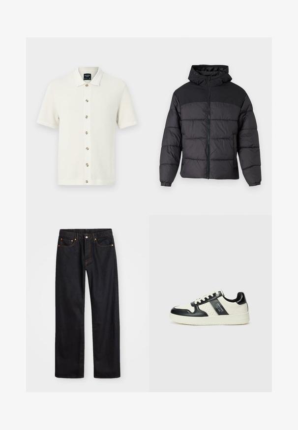 Sort pufferjakke med hætte, med lynlåslukning, elastiske manchetter og en quilted design. Øverste sektion er lavet af glat stof.; Strik polo-shirt i off-white med et struktureret mønster, korte ærmer, en knap-fra-front med kontrasterende knapper og en flad krave.; Mænds lige ben sorte denim jeans med fem lommer og orange syninger, knap- og lynlåslukning foran på taljen.; Lædersneakers i sort og creme farveskema, med perforerede detaljer, en polstret krave og en struktureret ydersål.