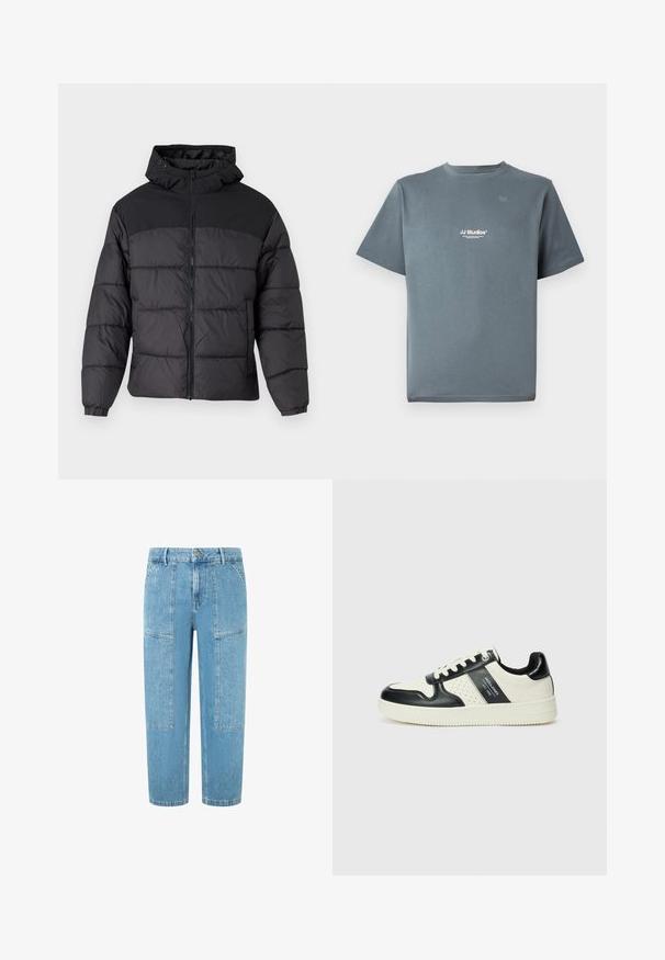Fekete puffernadrág kapucnival, elöl cipzáros, rugalmas mandzsettákkal és steppelt dizájnnal. A felső része sima anyagból készült.; Szürke pamut póló, kerek nyakkal, rövid ujjakkal és egy kis fehér "JJ Studios" logóval a mellkason. Simogatós textúra és laza szabás.; Világoskék farmernadrág egyenes szabással, két nagy foltvarrott zsebbel és finom kopott részletekkel az anyagon.; Fekete és krém színű bőrsneaker, perforált díszítésekkel, párnázott bokapánttal és texturált talppal.