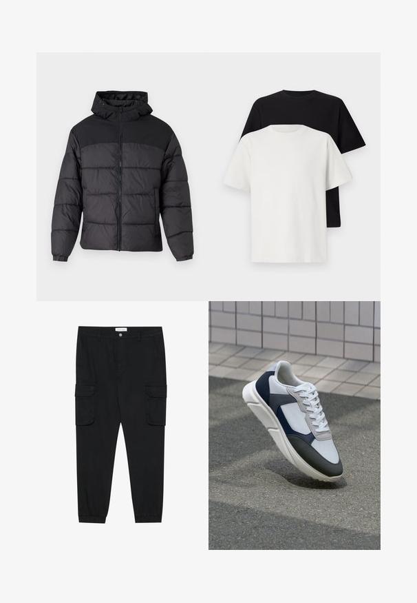 Fekete puffernadrág kapucnival, elöl cipzáros, rugalmas mandzsettákkal és steppelt dizájnnal. A felső része sima anyagból készült.; Pamut póló szett, amely egy fekete és egy fehér pólót tartalmaz, mindkettő rövid ujjú, környakú és normál fazonú. Texturált anyag.; Fekete cargo nadrág egyenes lábakkal, rugalmas mandzsettákkal és több oldalsó zsebbel. Texturált anyagból készült, gombos záródással.; Fehér, tengerészkék és szürke sneaker vegyes anyagokból készült dizájnnal, amely textúrázott felsőrésszel, lapos fűzőkkel és párnázott talppal rendelkezik.