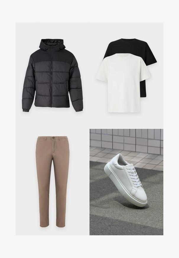 Black puffer jacket with a hood, featuring a zip front, elastic cuffs, and a quilted design. Upper section is smooth fabric.; Cotton t-shirt set featuring a black top and a white top, both with short sleeves, round neckline, and standard fit. Textured fabric.; Tan chinos with a straight-leg fit, button closure, front and back pockets, smooth cotton fabric, and neat hem. Suitable for casual wear.; White leather sneaker with a smooth surface, round toe, and flat white laces. Features a textured rubber sole and minimal design elements.