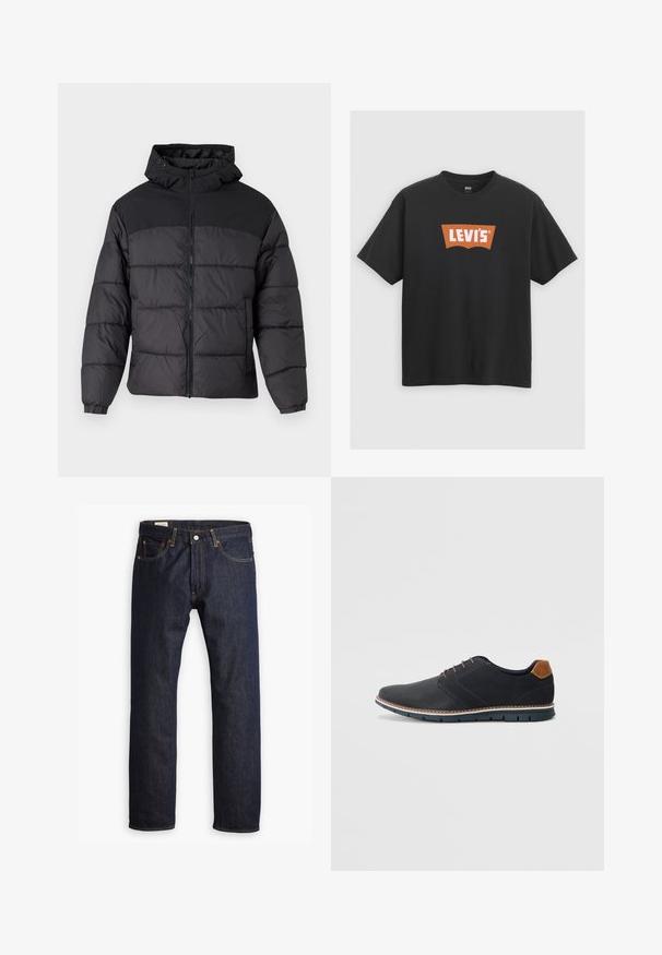 Czarna kurtka puchowa z kapturem, z zamkiem z przodu, elastycznymi mankietami i pikowanym wzorem. Górna część jest z gładkiego materiału.; Czarny bawełniany t-shirt z dużym pomarańczowym logo Levi's z przodu, krótki rękaw i okrągły dekolt.; Ciemnoniebieskie dżinsy o prostym kroju, z pomarańczowymi przeszyciami i pięcioma kieszeniami, zapinane na metalowy guzik.; Czarne syntetyczne buty z fakturowaną cholewką, gładkimi akcentami, brązowym obcasem i kontrastującą podeszwą. Charakteryzują się minimalnym sznurowaniem i detalami w szwach.