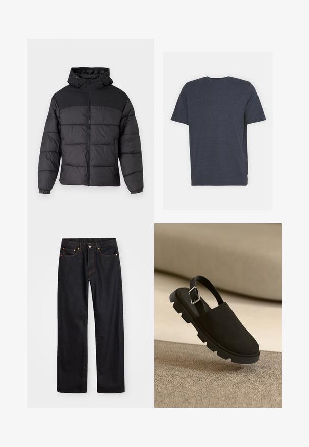 Svart puffjakke med hette, med glidelås foran, elastiske mansjetter og quiltet design. Øvre del har glatt stoff.; Marineblå T-skjorte med rund hals laget av myk bomullsblanding, med korte ermer og vanlig passform. Ingen synlige mønstre eller accenter.; Men's straight-leg svarte denim jeans med fem lommer og oransje søm, knapp og glidelås lukking foran på midjen.; Sorte semel støvlett med tykk, teksturert såle og sølvspenne detalj. Elegant design med minimalistisk stil, svevende over en teksturert overflate.