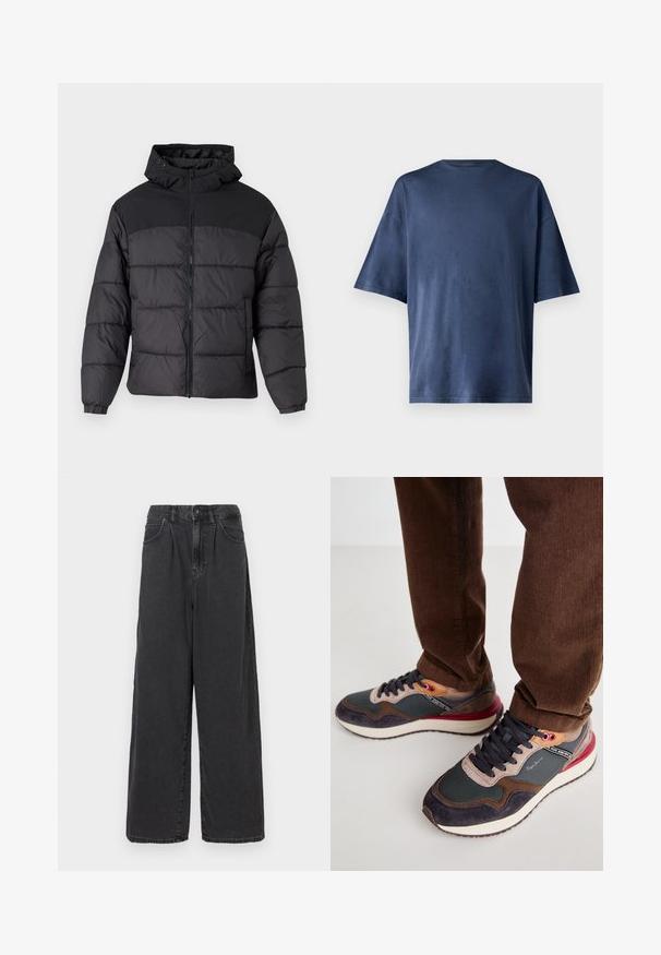 Fekete puffernadrág kapucnival, elöl cipzáros, rugalmas mandzsettákkal és steppelt dizájnnal. A felső része sima anyagból készült.; Tengerészkék, rövid ujjú póló, puha anyagból készült, klasszikus kerek nyakkal és laza szabással, látható minták vagy díszítések nélkül.; Széles szárú, magas derekú fekete farmernadrág, elülső gombbal és cipzárral, oldalsó zsebekkel és sima felülettel.; Cipők, szürke hálós anyag, sötétkék velúr és bordó részletek keverékével. Fűzős kialakításúak, és feltűnő márkázás található az oldalukon.