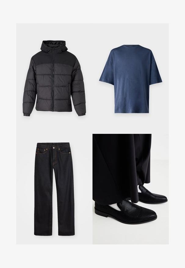 Sort pufferjakke med hætte, med lynlåslukning, elastiske manchetter og en quilted design. Øverste sektion er lavet af glat stof.; Marineblå kortærmet T-shirt, lavet af blødt stof, har en klassisk rund hals og løs pasform, uden synlige mønstre eller accenter.; Mænds lige ben sorte denim jeans med fem lommer og orange syninger, knap- og lynlåslukning foran på taljen.; Sorte perforerede slip-on sko med flad sål og en glat tekstur. Minimalistisk design med udskæringer på siden. Parret med sorte bukser.