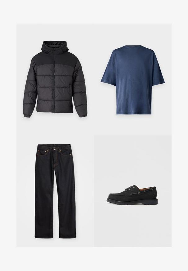 Svart puffjakke med hette, med glidelås foran, elastiske mansjetter og quiltet design. Øvre del har glatt stoff.; Marineblå kortermet T-skjorte, laget av myk stoff, har en klassisk rund hals og en avslappet passform, uten synlige mønstre eller aksenter.; Men's straight-leg svarte denim jeans med fem lommer og oransje søm, knapp og glidelås lukking foran på midjen.; Sorte semskede båt-sko med snøring, metalløyler, kontrasterende sting og en robust gummisåle for godt grep.