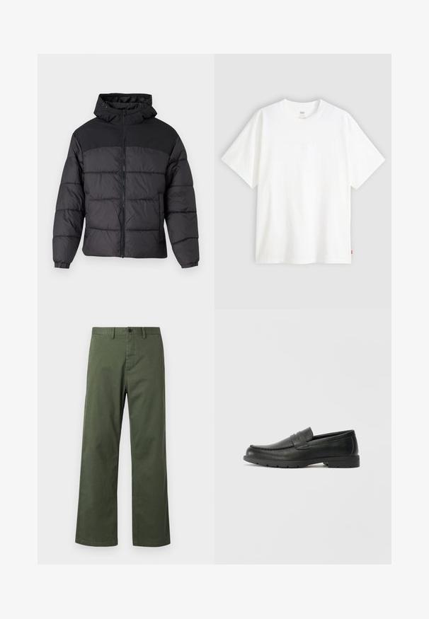 Black puffer jacket with a hood, featuring a zip front, elastic cuffs, and a quilted design. Upper section is smooth fabric.; White short-sleeve t-shirt made of cotton with a crew neck. Features subtle embossed logo detail on the front and a red label at the hem.; Green wide-leg pants made of cotton blend fabric, featuring a button closure, belt loops, and subtle vertical texture.; Black leather loafers with a smooth finish, moccasin-style upper, stitched detailing, and a rubber sole. Classic design with a low heel.