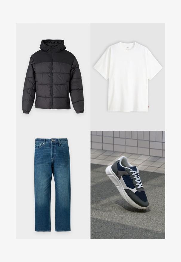 Svart puffjakke med hette, med glidelås foran, elastiske mansjetter og quiltet design. Øvre del har glatt stoff.; Hvit t-skjorte med korte ermer laget av bomull, med rund hals. Har diskret preget logo detalj foran og en rød etikett på kanten.; Mørkeblå denim jeans med rett ben-design, som har en fem-lommers oppsett, beltehemper og knappestengning.; Sneakers med en navy blå mesh-overdel, grå sømværk, hvit gummisåle og flate hvite snører, designet for komfort og pusteevne.
