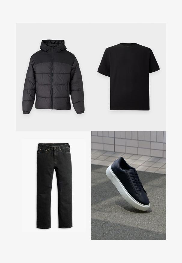 Svart puffjakke med hette, med glidelås foran, elastiske mansjetter og quiltet design. Øvre del har glatt stoff.; Svart T-skjorte med korte ermer laget av teksturert stoff, med rund halslinning og en avslappet passform. Enkel, uten mønstre eller detaljer.; Svarte rette denimjeans med fem lommer, beltehemper og knappelukking i livet, liggende flatt på en hvit bakgrunn.; Sorte skinnsneakers med rund tå og hvit gummisåle. Har flate lisser og minimal søm på overdelen. Strukturert såle for grep.