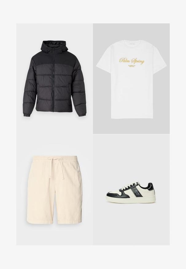 Black puffer jacket with a hood, featuring a zip front, elastic cuffs, and a quilted design. Upper section is smooth fabric.; White cotton t-shirt featuring gold text that reads "Palm Spring" with "California Love Eighty Five" below, relaxed fit, crew neck design.; Beige cotton shorts with an elastic waistband and adjustable drawstring, featuring side pockets and a relaxed fit.; Leather sneakers with a black and cream color scheme, featuring perforated accents, a padded collar, and a textured outsole.