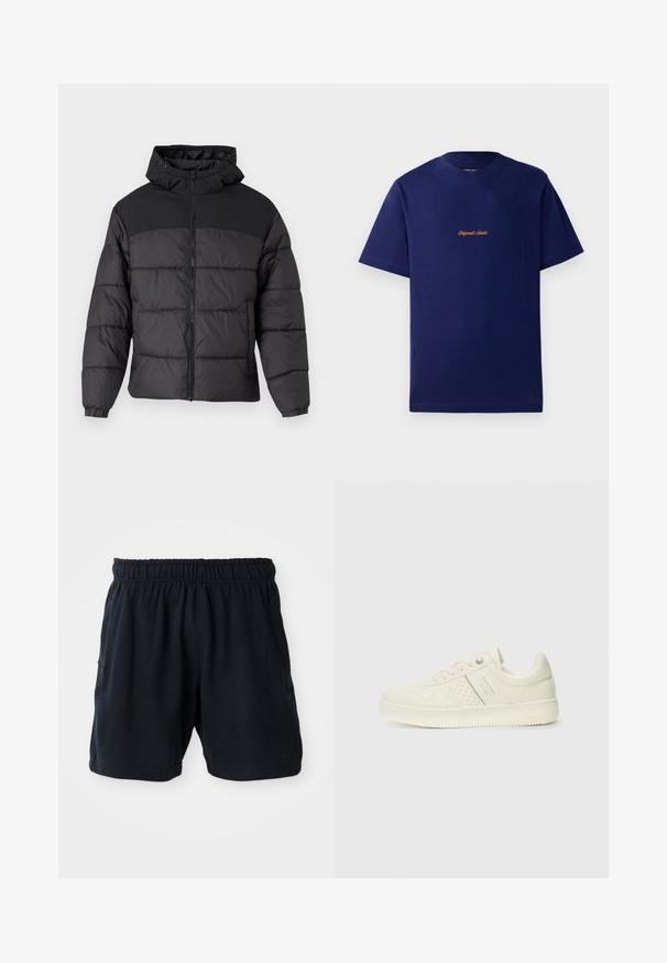 Čierna pufková bunda s kapucňou, so zipsom na prednej strane, elastickými manžetami a prešívaným dizajnom. Horná časť je z hladkej látky.; Námornícka modrá bavlnená tričko s krátkymi rukávmi. Obsahuje malé, oranžové vyšívané logo na hrudi. Klasický dizajn s okrúhlym výstrihom.; Čierne atletické šortky vyrobené z mäkkej tkaniny, s elastickým pásom a dvoma postrannými vreckami pre pohodlie.; Krémová teniska s perforovanými detailmi, šnúrkami a logom na boku, vystavená na jednoduchej bielej pozadí.