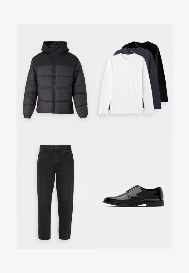 Svart puffjakke med hette, med glidelås foran, elastiske mansjetter og quiltet design. Øvre del har glatt stoff.; Tre langermede T-skjorter stablet: én hvit, én mørk marineblå og én svart. Laget av glatt bomull, med runde nakkekanter og sidespalter.; Redefined Rebel KYOTO - Jeans relaxed fit - black stone; Svart lakkskinn dressko med rund tå, snøring og glatt, blank overflate. Den har en lav, gummisåle.