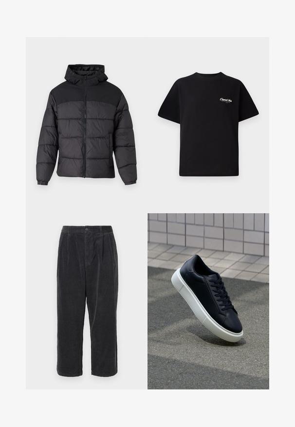 Black puffer jacket with a hood, featuring a zip front, elastic cuffs, and a quilted design. Upper section is smooth fabric.; Black cotton t-shirt featuring a crew neckline, short sleeves, and small white logo text on the left chest. Simple design, classic fit.; Dark gray corduroy trousers with a loose fit, featuring a button closure, pleats, and cropped length, displaying a ribbed texture.; Black leather sneaker with rounded toe and white rubber sole. Features flat laces and minimal stitching on the upper. Textured sole for grip.