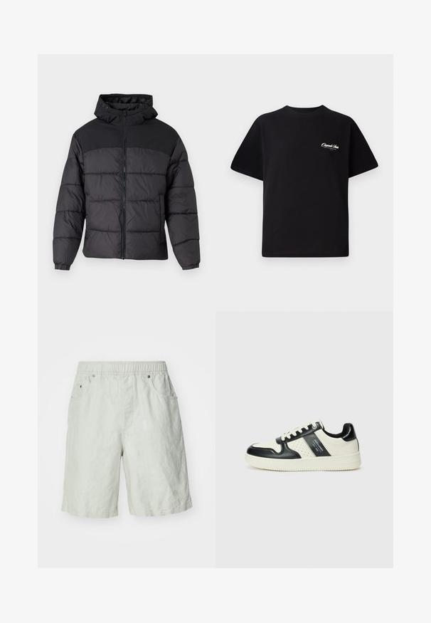 Black puffer jacket with a hood, featuring a zip front, elastic cuffs, and a quilted design. Upper section is smooth fabric.; Black cotton t-shirt featuring a crew neckline, short sleeves, and small white logo text on the left chest. Simple design, classic fit.; Light gray shorts made of a textured fabric, featuring an elastic waistband, two side pockets, and a relaxed fit.; Leather sneakers with a black and cream color scheme, featuring perforated accents, a padded collar, and a textured outsole.