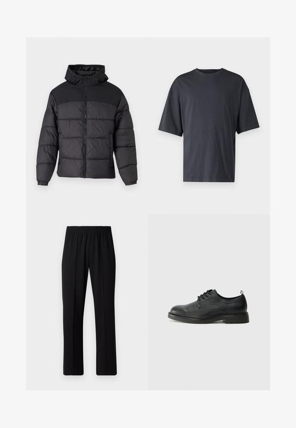 Black puffer jacket with a hood, featuring a zip front, elastic cuffs, and a quilted design. Upper section is smooth fabric.; Dark gray short-sleeve t-shirt made of lightweight cotton, featuring a loose fit and classic crew neckline, with plain texture and no patterns.; Black, elastic-waist trousers with a straight-leg design, featuring a smooth texture and no visible patterns or hardware.; Black leather oxford shoe with rounded toe, lace-up design, textured upper, and a sturdy rubber sole featuring small treads.