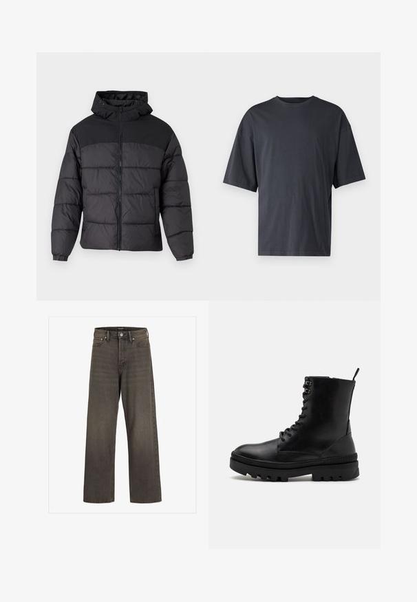 Svart puffjakke med hette, med glidelås foran, elastiske mansjetter og quiltet design. Øvre del har glatt stoff.; Mørk grå kortermet t-skjorte laget av lett bomull, med løs passform og klassisk rund hals, med ensartet tekstur og uten mønstre.; Videbukser i mørkegrå denim, med høj talje, klassisk fem-lomme design og kontrasterende syninger langs sømmene.; Sorte lær ankelsko med rund tå, snøring foran, og en kraftig gummisåle med rillete aksenter.