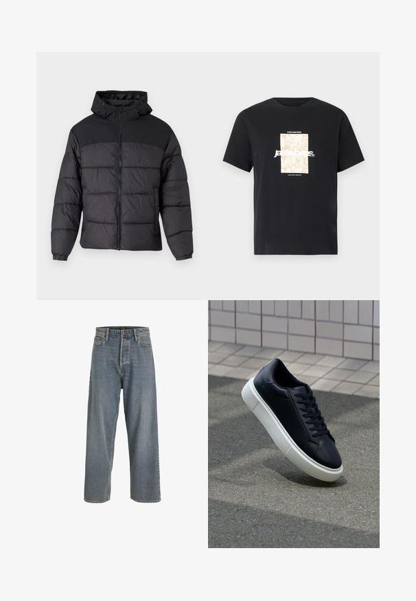 Svart puffjacka med huva, med dragkedja fram, elastiska ärmslut och en kviltad design. Översta delen har en slät tygkvalitet.; Svart bomullströja med rund hals. Har en beige rektangulär grafik och vit text, "JAWO," centrerad på framsidan. Kortärmad.; Ljust blå vida denimjeans med hög midja, femficksdesign och synlig sömnad. Mjuk textur med en något blekt utseende.; Svart lädersneaker med rundad tå och vit gummisula. Har platta snören och minimal sömnad på ovansidan. Texturerad sula för grepp.