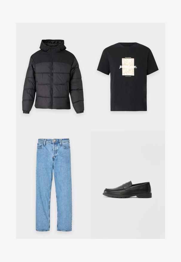 Fekete puffernadrág kapucnival, elöl cipzáros, rugalmas mandzsettákkal és steppelt dizájnnal. A felső része sima anyagból készült.; Fekete pamut póló kerek nyakkal. Bézs téglalap alakú grafika és fehér szöveg található rajta, "JAWO," középen elhelyezve. Rövid ujjú.; Világoskék farmernadrág, egyenes lábszárral, öt zsebes stílussal, látható varrással és gombos, cipzáros záródással.; Fekete bőr mokaszinok sima felülettel, a mokaszin stílusú felsőrésszel, varrott részletezéssel és gumitalppal. Klasszikus dizájn alacsony sarokkal.