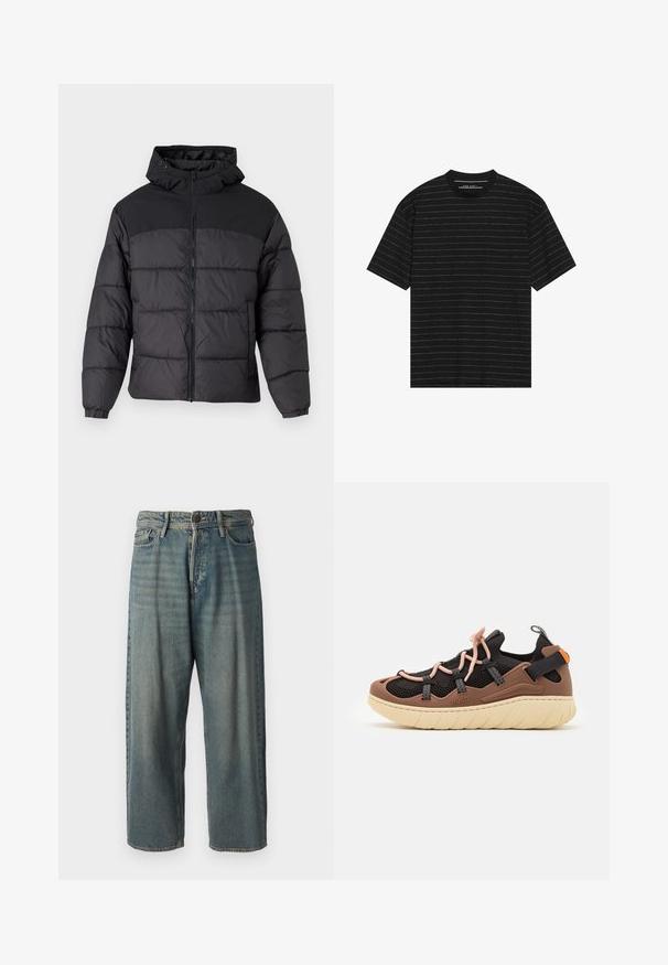 Fekete puffernadrág kapucnival, elöl cipzáros, rugalmas mandzsettákkal és steppelt dizájnnal. A felső része sima anyagból készült.; Fekete, rövid ujjú póló, vékony fehér vízszintes csíkokkal. Puha anyagból készült, kerek nyakkivágással és laza fazonnal.; Világoskék farmernadrág, laza fazonnal, közepes derékbőséggel és egyenes szárral. Öt zsebet, övbucskát és gombos záródást tartalmaz.; HUGO REEFLYN - Sportcipő - open brown