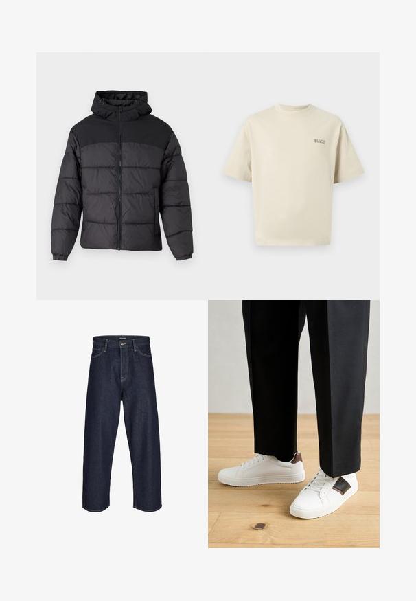 Mustas puffy jakk, millel on kapuuts, esi tõmblukk, elastsed varrukaotsad ja qm vapustav värveldisain. Ülemine osa on siledast kangast.; Beeži puuvillane t-särk lühikeste varrukatega, ümmargune kaelus ja väike "SELECTED" logo vasakul rinnal. Sile tekstuur.; Tumedast sinisest denimist laiad püksid keskmise kõrge vöökohaga, millel on kollane õmblus, esine nupuvajutus ja klassikaline viie tasku disain.; Valged sneakersid siledat tekstuurist, millel on pruunad nahast detailid ja mustad aksessuaarid, millele on sobitatud mustad kohandatud püksid. Puitpõranda taust.